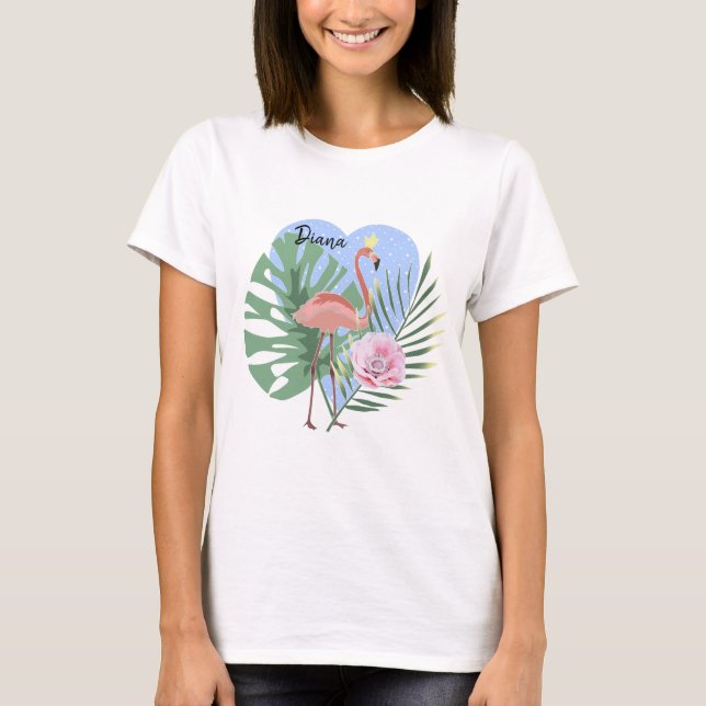 Pink Flamingo tropical leaf palm T-Shirt (Front)