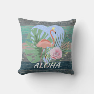 Pink Flamingo tropical leaf palm Throw Pillow