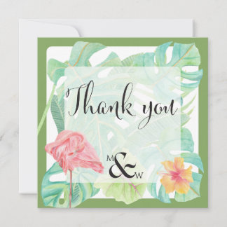Pink Flamingo,Tropical leaves and flower wedding Thank You Card