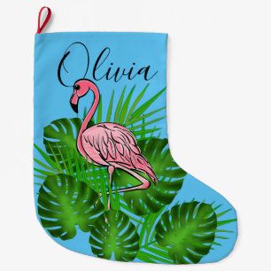 Pink Flamingo, tropical Leaves Large Christmas Stocking