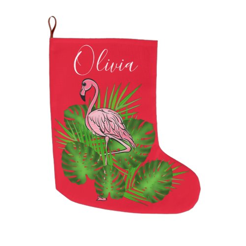Pink Flamingo tropical Leaves  Large Christmas Stocking