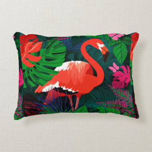Pink flamingo. Tropical leaves, pink butterfly, Accent Pillow