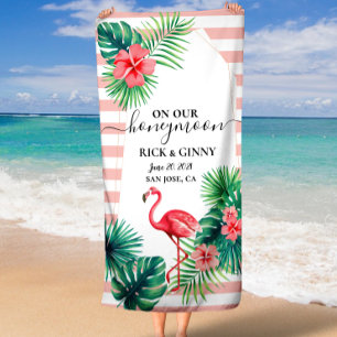 Pink Flamingo Tropical Leaves Stripes Honeymoon Beach Towel