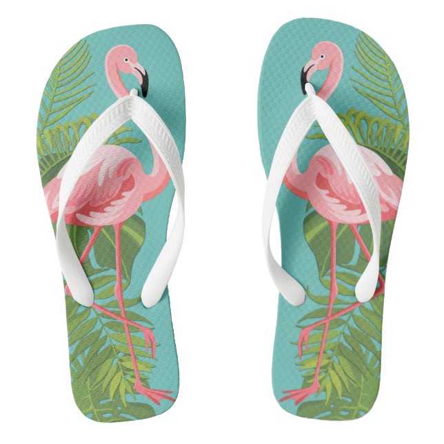 Pink Flamingo Tropical Leaves Turquoise Flip Flops (Footbed)