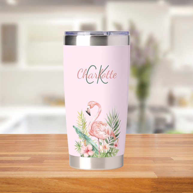 Pink flamingo tropical monogram insulated tumbler (Creator Uploaded)
