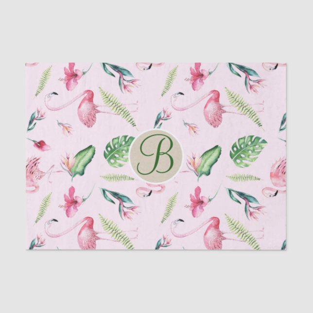 Pink Flamingo Tropical Monogram Letter Initial Tissue Paper (Front)