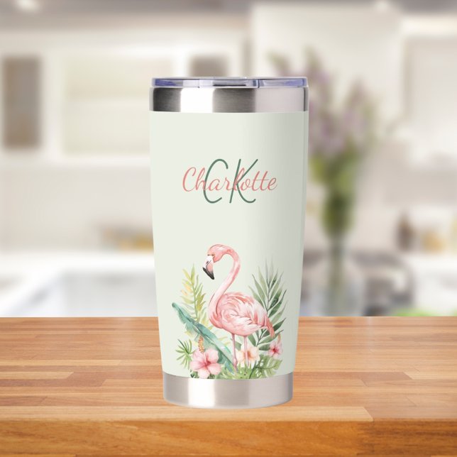 Pink flamingo tropical monogram sage green insulated tumbler (Creator Uploaded)