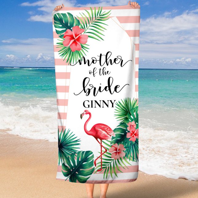 Pink Flamingo Tropical Mother of the Bride Custom Beach Towel (Pink Flamingo Tropical Mother of the Bride Custom Beach Towel)