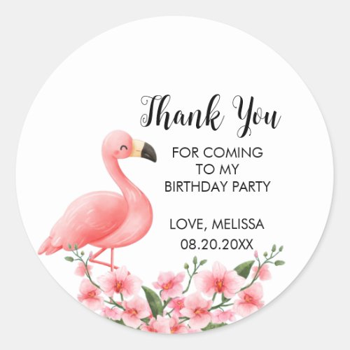 Pink Flamingo Tropical Orchid Birthday Thank You Classic Round Sticker