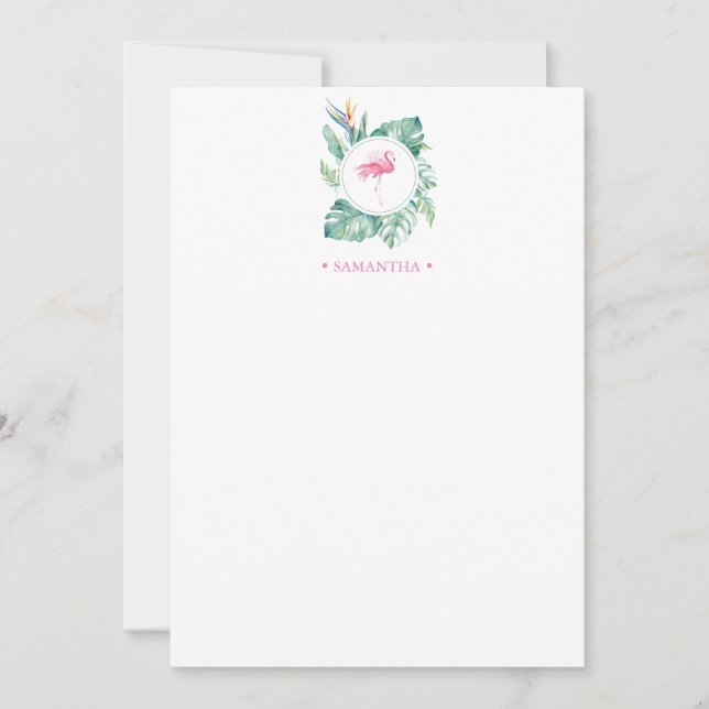 Pink Flamingo Tropical Personalized Stationery Note Card (Front)