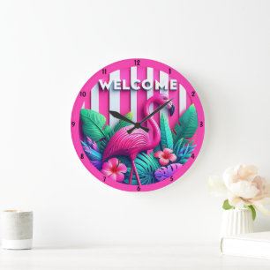 Pink Flamingo Tropical Plants Flowers Accent Large Clock