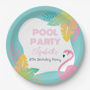 Pink Flamingo Tropical Pool Party Birthday Paper Plates