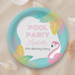 Pink Flamingo Tropical Pool Party Birthday Paper Plates
