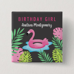 Pink Flamingo Tropical Pool Party Button Name Tag