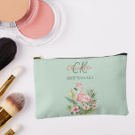 Pink flamingo tropical sage green bridesmaid accessory pouch<br><div class="desc">A trendy sage green background decorated with a pink flamingo and tropical flowers and foliage.   Personalize and add a name and monogram initials.</div>