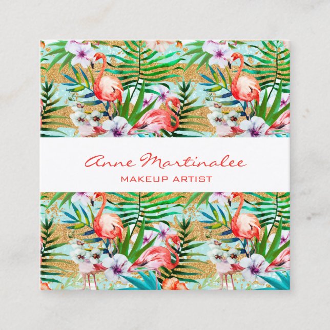 Pink  Flamingo Tropical Square Business Card (Front)