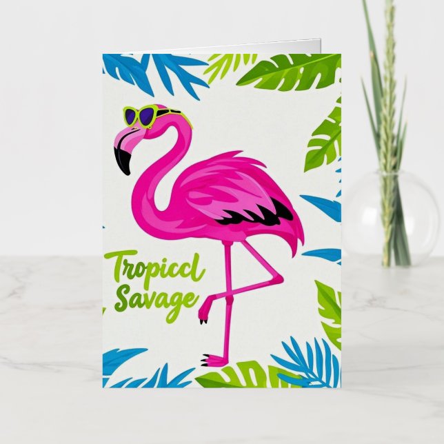 Pink flamingo Tropical  standing on one leg Foil Greeting Card (Front)