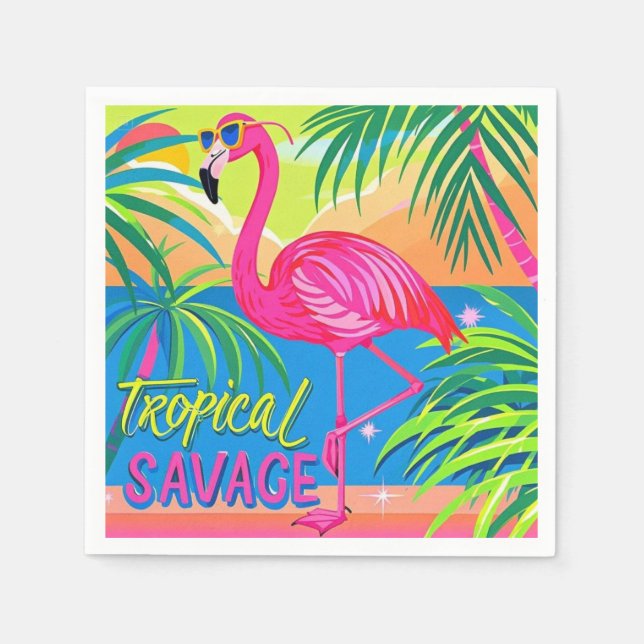 Pink flamingo Tropical  standing on one leg Napkins (Front)