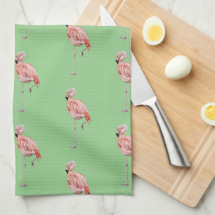 Pink Flamingo Tropical Style Green Kitchen Towel