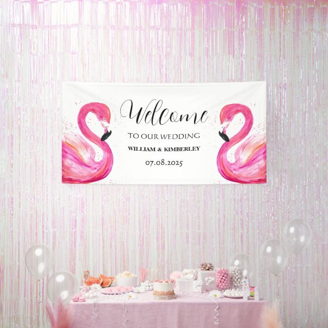 Pink Flamingo Tropical Summer Beach Wedding Banner (Party)