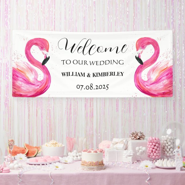 Pink Flamingo Tropical Summer Beach Wedding Banner (Party)