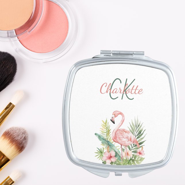 Pink flamingo tropical summer monogram compact mirror (Creator Uploaded)