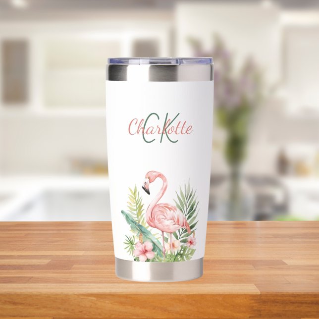 Pink flamingo tropical summer monogram insulated tumbler (Creator Uploaded)