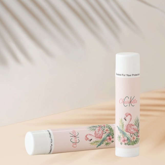 Pink flamingo tropical summer monogram lip balm (Creator Uploaded)