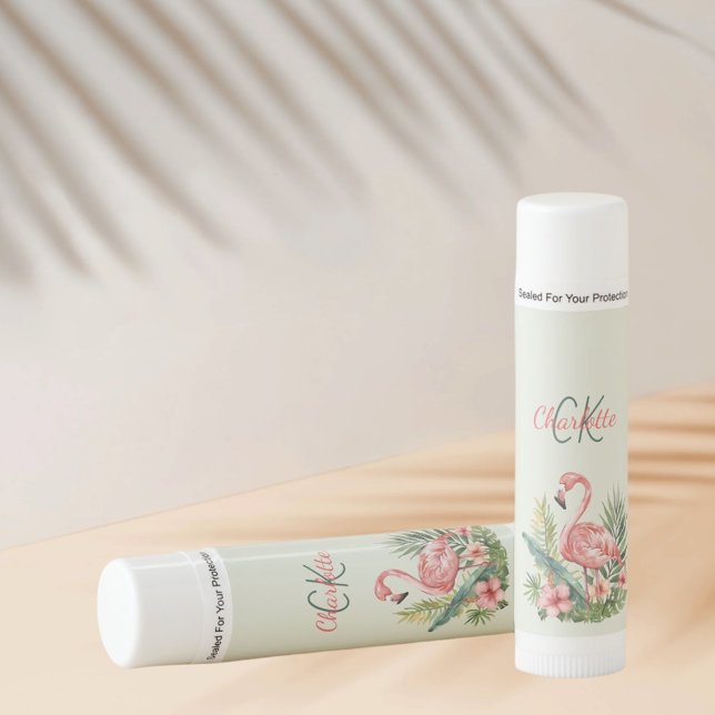 Pink flamingo tropical summer monogram sage green lip balm (Creator Uploaded)