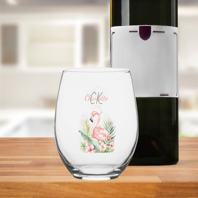 Pink flamingo tropical summer monogram stemless wine glass (Creator Uploaded)