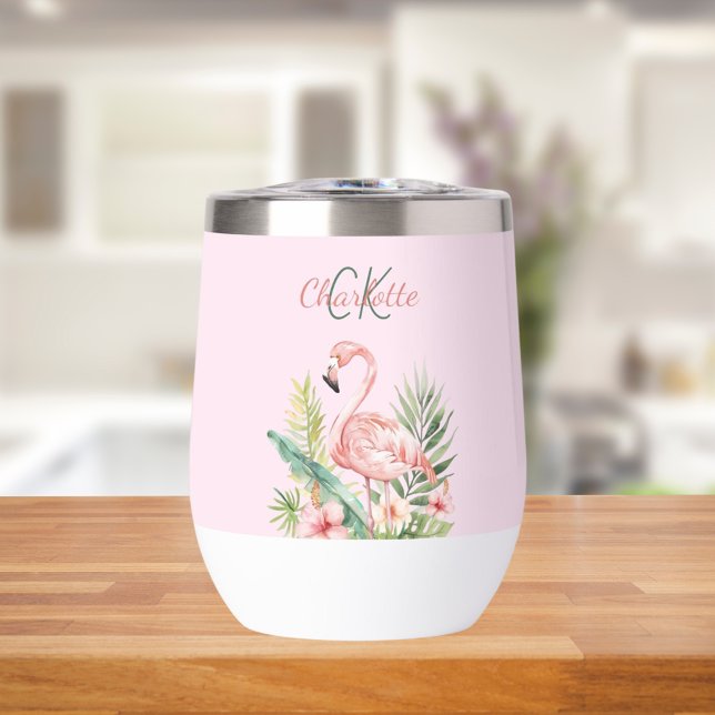 Pink flamingo tropical summer monogram thermal wine tumbler (Creator Uploaded)
