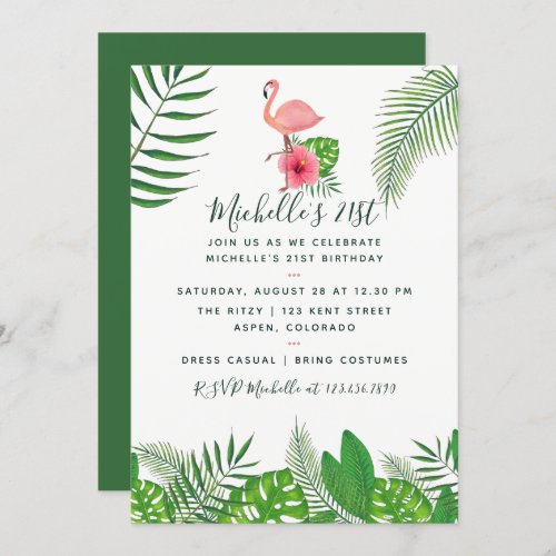 Pink Flamingo Tropical Watercolor 21st Birthday Invitation