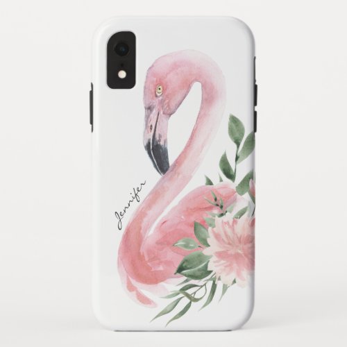 Pink Flamingo Tropical Watercolor Floral with Name iPhone XR Case