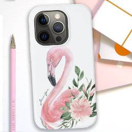 Pink Flamingo Tropical Watercolor Floral with Name Case-Mate iPhone 14 Pro Case