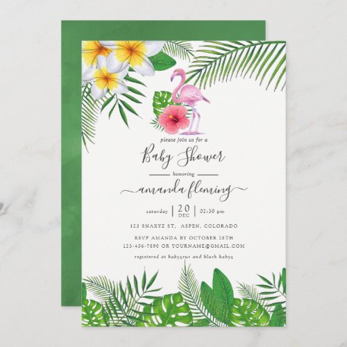 Pink Flamingo Tropical Watercolor Girl Baby Shower Invitation
