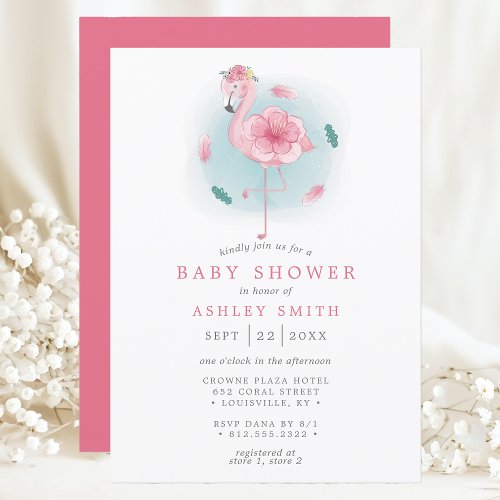 Pink Flamingo Tropical Watercolor Girl Baby Shower Invitation