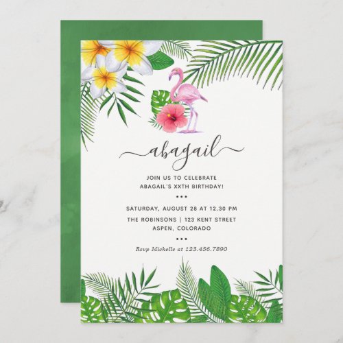 Pink Flamingo Tropical Watercolor Girl Birthday Invitation