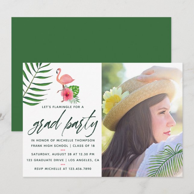 Pink Flamingo Tropical Watercolor Luau Graduation Invitation (Front/Back)
