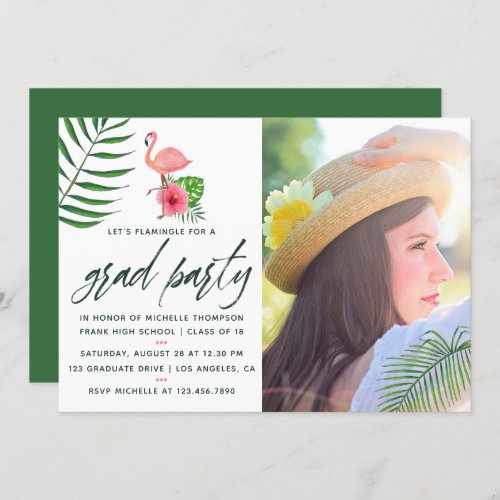 Pink Flamingo Tropical Watercolor Luau Graduation Invitation