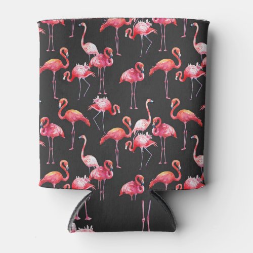 Pink Flamingo Tropical Watercolor Pattern Can Cooler