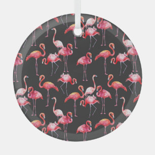 Pink Flamingo: Tropical Watercolor Pattern. Glass Ornament