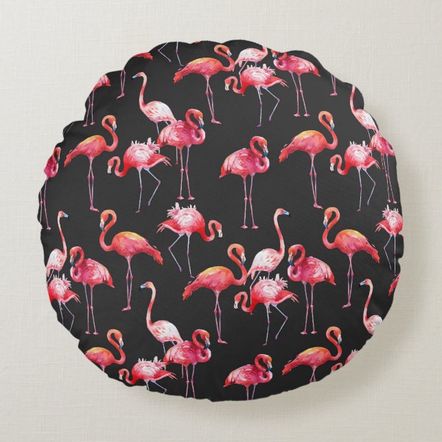 Pink Flamingo: Tropical Watercolor Pattern. Round Pillow (Front)