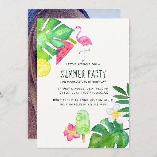 Pink Flamingo Tropical Watercolor Summer Birthday Invitation