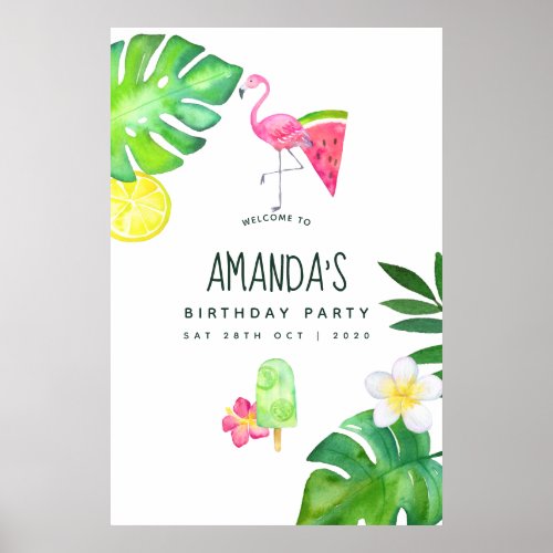 Pink Flamingo Tropical Watercolor Summer Birthday Poster