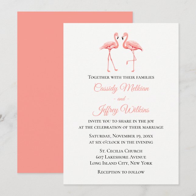 Pink Flamingo Tropical Wedding Cute Summer Beach Invitation (Front/Back)