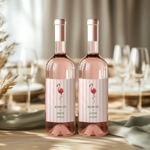 Pink Flamingo Tropics Cabana Striped Wedding Wine Label