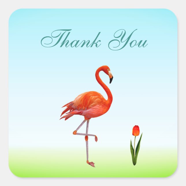 Pink Flamingo & Tulip Flower Thank You Square Stic Sticker (Front)