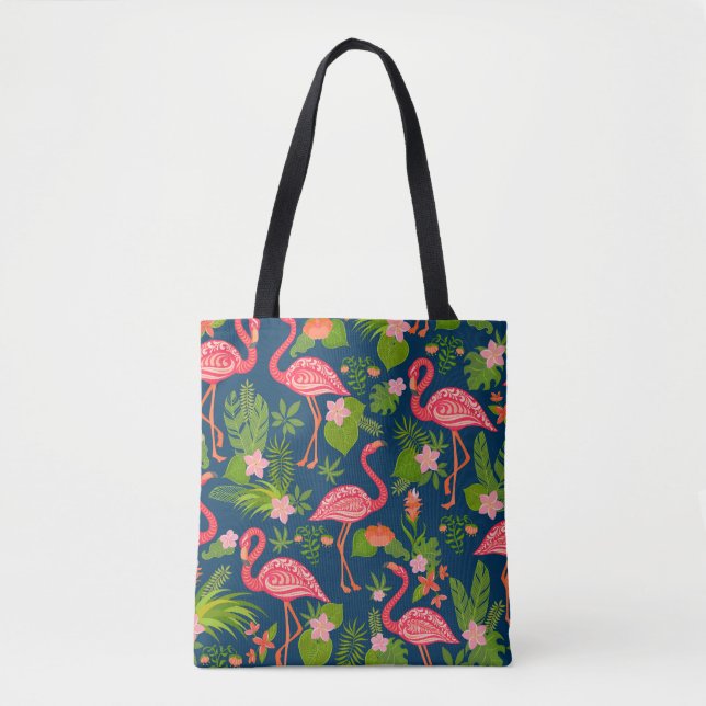 Pink Flamingo: Turquoise Striped Vintage Tote Bag (Front)