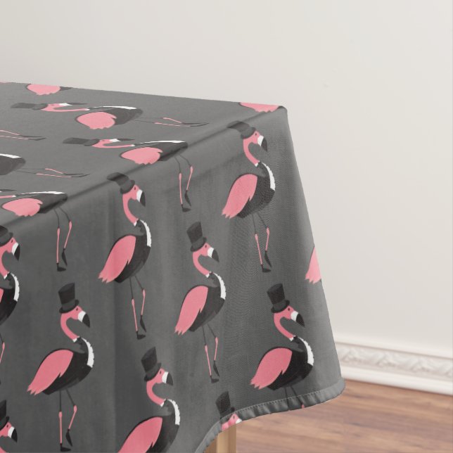 Pink Flamingo Tuxedo Fun Gray Animal Tablecloth (In Situ)
