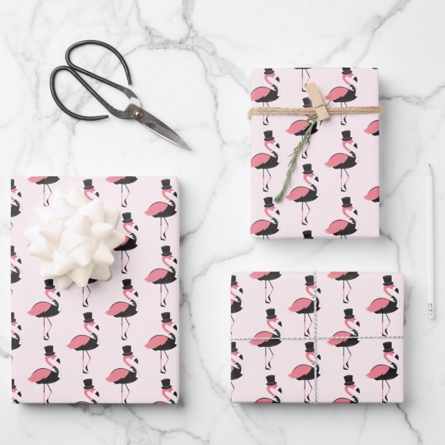 Pink Flamingo Tuxedo Fun Wrapping Paper Sheets (Front)